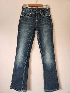 Wrangler Dark Wash Bootcut Flare Jeans Thick White Contrast Stitch Size 3/26 EUC